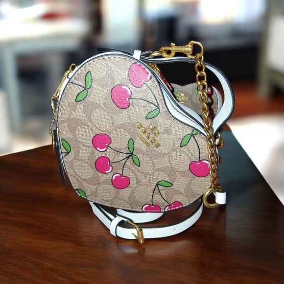 Coach Cherry Print Heart Bag - Brown and Red - Picture 1 of 8